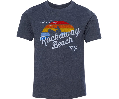 Rockaway kids t-shirt, cool rainbow and Surfer design, Heather Navy t-shirt, handmade gifts for kids made in Brooklyn NY