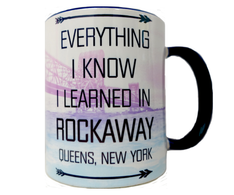 Load image into Gallery viewer, Rockaway Beach mug, hand-printed Rockaway bridge design on a handmade mug, handmade gifts for everyone made in Brooklyn NY
