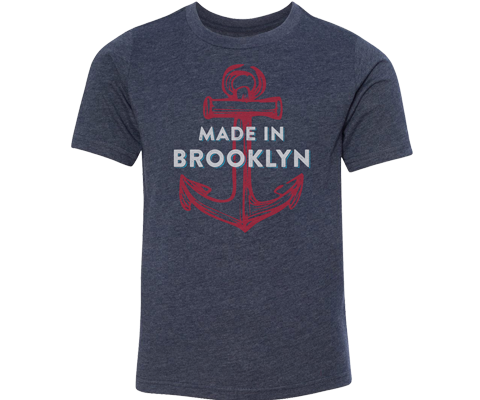  Brooklyn kids t-shirt, hand-printed with anchor on a heather blue t-shirt, handmade gifts for kids made in Brooklyn NY