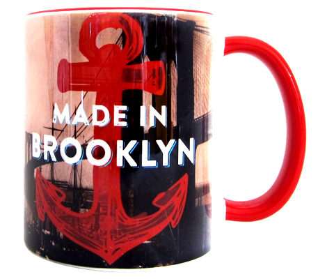Brooklyn mug, vintage Brooklyn Bridge design with red anchor on a handmade mug, handmade gifts made in Brooklyn NY 