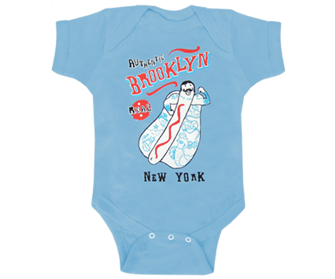 Brooklyn onesie with a coney island hot dog muscle man design. Awesome baby blue onesie handmade in Brooklyn, NY. 