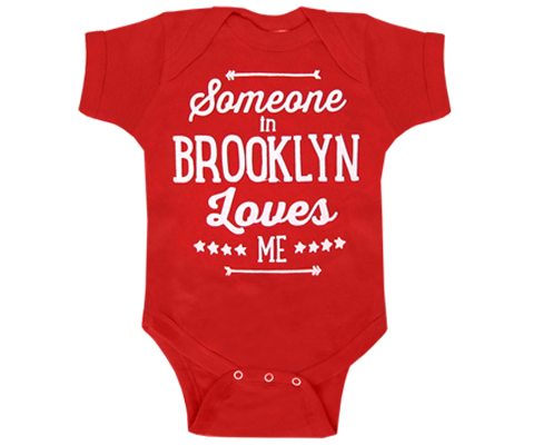 Someone in Brooklyn Loves Me Onesie someone in Brooklyn loves me onesie. A Brooklyn onesie in red. Handmade gift for babies girls or boys made in Brooklyn New York. A perfect gift for a baby shower.