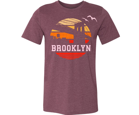 Brooklyn t-shirt for adults, vintage 1970s orange Sunrise design on a maroon t-shirt, handmade gifts for everyone made in Brooklyn NY