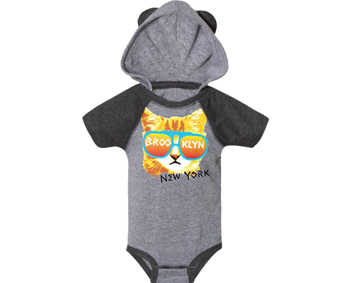 Brooklyn Baby Onesie, adorable Red Cat design on a hooded grey babies onesie with ears, handmade gifts made in Brooklyn NY