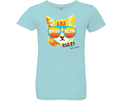 Brooklyn t-shirts for girls, adorable fun cat design on an aqua t-shirt, handmade gift for kids made in Brooklyn NY