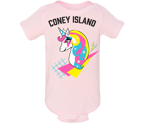 Coney Island onesie. Retro unicorn design on a light pink baby girls onesie. Handmade gift for babies and parents to be made in Brooklyn New York.
