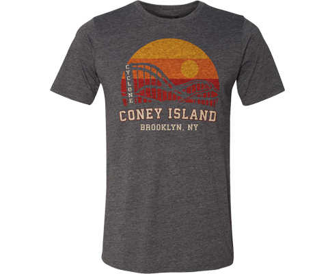 Coney Island t-shirt for adults, cool rainbow Cyclone roller coaster design on a gray t-shirt, handmade gifts for everyone made in Brooklyn NY
