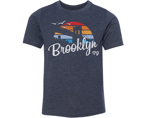 Brooklyn t-shirt for kids, retro Surfer with rainbow design on a heather blue tee, handmade gifts for kids made in Brooklyn NY