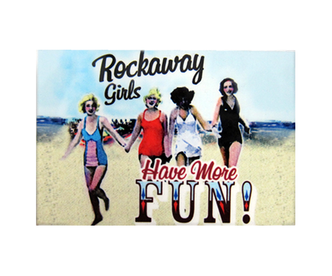 Rockaway Beach magnet, fun Rockaway girls have more fun print with vintage ladies on a sandy beach backdrop, handmade magnet, handmade gifts made in Brooklyn NY