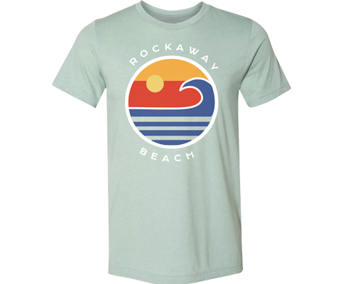  Rockaway Beach t-shirt for adults, colorful Ocean Design inside of a globe on a light sea green t-shirt, handmade gifts for everyone made in Brooklyn NY 