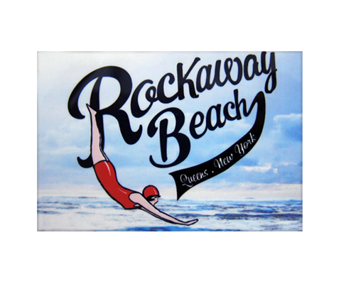 Rockaway Beach magnet, vintage swimmer design with Rockaway Beach print on an ocean backdrop, handmade mug, handmade gifts made in Brooklyn NY