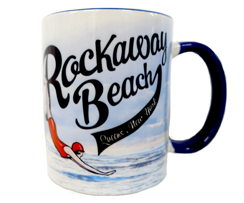 Rockaway Beach mug, vintage swimmer design with Rockaway Beach print on an oceanic backdrop, handmade mug, handmade gifts made in Brooklyn NY