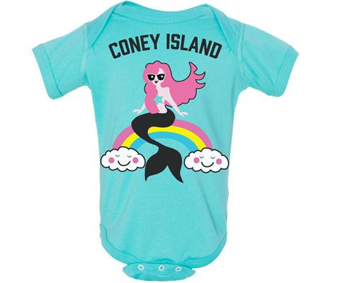 Totally cool Coney Island baby girl onesie with a rainbow mermaid design on an aqua background. Handmade gifts for babies and parents to be made in Brooklyn New York. Perfect for a baby shower gift.