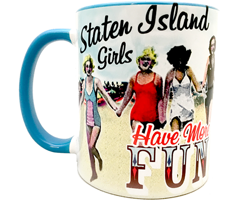 Staten Island mug, fun Staten Island girls have more fun print on a vintage ladies swimsuit beach backdrop with a blue handle and interior, handmade mug, handmade gifts made in Brooklyn NY 
