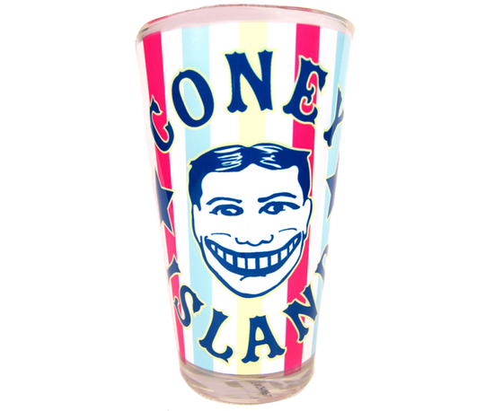 Coney Island pint glass, Vintage Carnival design with Steeplechase funny face design on a handmade pint glass, handmade gifts for everyone made in Brooklyn NY