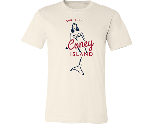 Load image into Gallery viewer, Coney Island t-shirt for adults vintage mermaid design on a natural white T-shirt handmade for everyone made in Brooklyn NY
