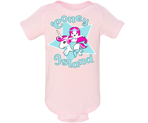 Adorable light pink Coney Island onesie. With a unicorn mermaid design. Must-have for baby girls. Handmade for babies and parents to be made in Brooklyn New York. Perfect for a baby shower gift..