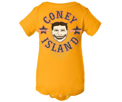 Coney Island Baby Onesie, vintage Steeplechase funny face design on a gold babies onesie, handmade gifts are babies made in Brooklyn NY