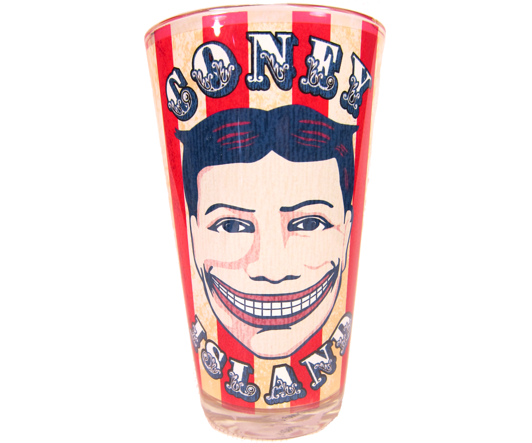 Coney Island pint glass, vintage Steeplechase funny face design on circus striped background, handmade pint glass, handmade gifts for everyone made in Brooklyn NY 