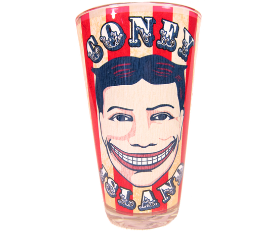 Coney Island pint glass, vintage Steeplechase funny face design on circus striped background, handmade pint glass, handmade gifts for everyone made in Brooklyn NY 