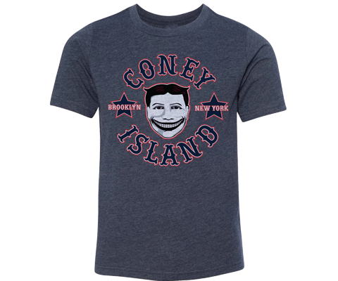 Coney Island t-shirt for kids, vintage Steeplechase funny face design on a blue t-shirt, handmade gifts for kids made in Brooklyn NY