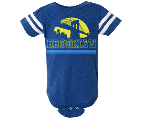 Brooklyn Baby Onesie, retro yellow and blue Brooklyn Bridge design on a blue baby onesie, handmade gifts for babies made in Brooklyn NY